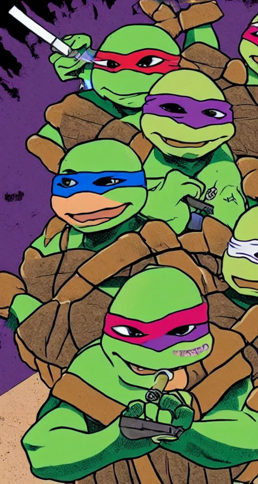 Prompt: the ninja turtles are smoking crack together in a dark alleyway