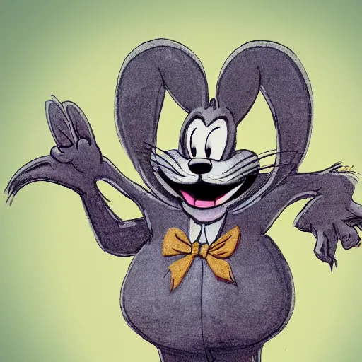 Image similar to A extremely highly detailed majestic hi-res beautiful, highly detailed portrait of a scary terrifying creepy cartoon rabbit evil smiling standing up wearing pants and a shirt in the style of Walt Disney animation