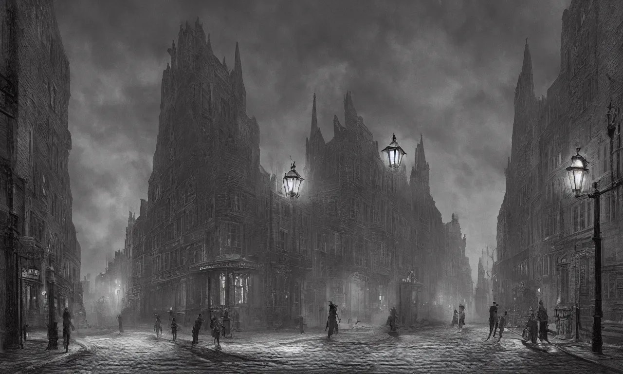 Image similar to a street of 19th century london at night, lamps illuminating the street, in the style of Bloodborne