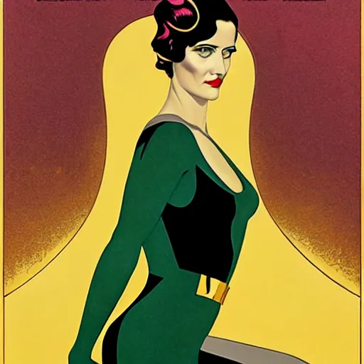 Prompt: Eva Green is Super Spy Captain, the Electric Woman, Art by Coles Phillips and Joshua Middleton, Chalk white skin, deep purple hair, Green eyes, Orange background, Mucha, Portrait of the actress, Eva Green as Metamorpho, carbon black and antique gold