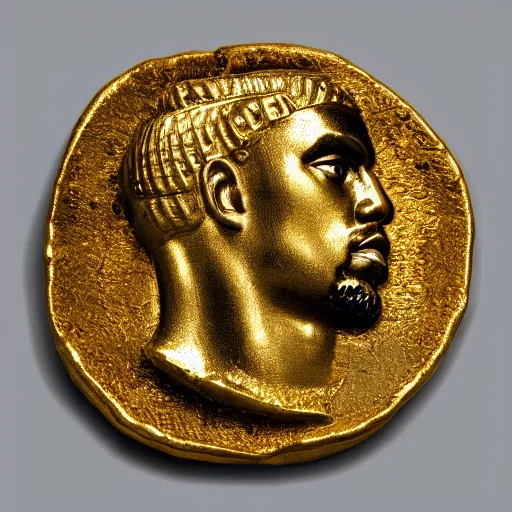 Image similar to an ancient roman gold coin with the face of kanye west, close up photo, ultra realistic, studio photo, bokeh.