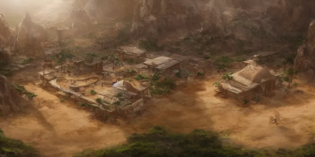 Prompt: extreme long shot of a sacred warrior isolated community living in an oasis in the middle of a large sand desert, digital painting, artstation, matte painting, highly detailed, art by mappa, kyoani, wit studio, studio bind