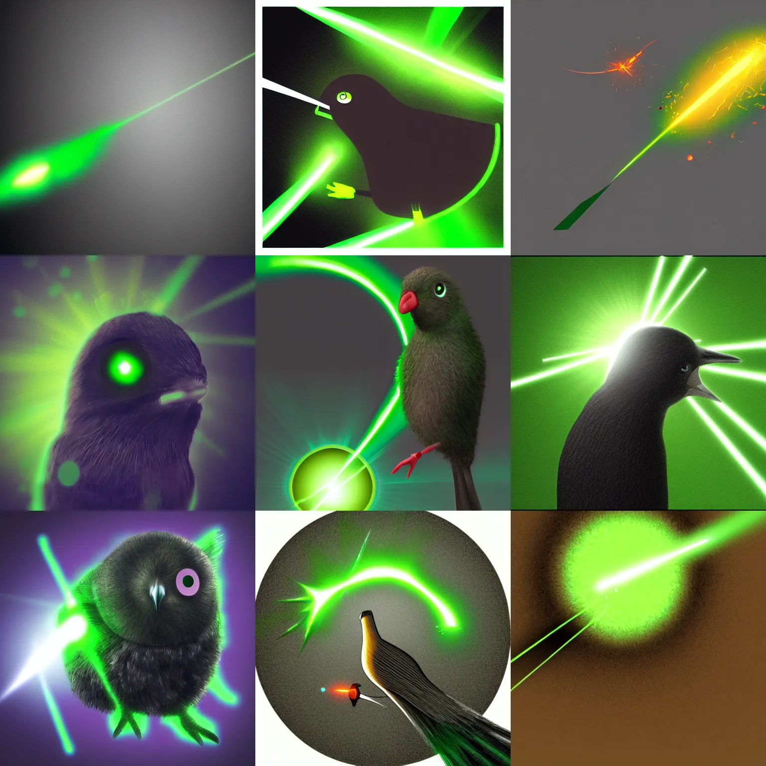 Prompt: a kiwi bird shooting a green laser through its eyes, black background, high quality digital art, trending on artstation