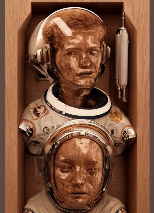 Image similar to high intricate portrait of an astronaut carved from wood in baroque style, studio light, maria panfilova, andrea savchenko, mike kime, ludovic plouffe, qi sheng luo, oliver cook, trending on artstation