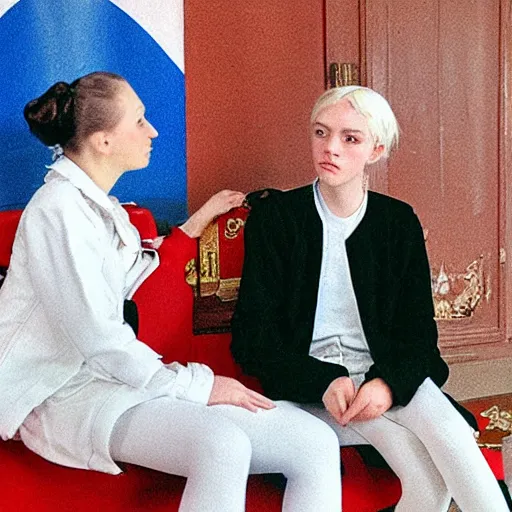 Image similar to aristocratic platinum - blonde - haired hime - cut blue - eyed 1 9 - year - old french princess wearing white leggings and black jacket, sitting in a communist office chatting with a bolshevik officer, colorized hd photograph