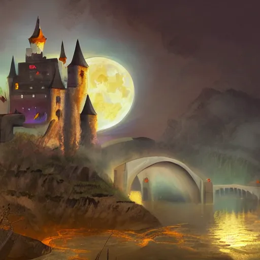 Prompt: Castle+moon+river+painting+ evil+smoke,artstation, concept art,trending on deviant art