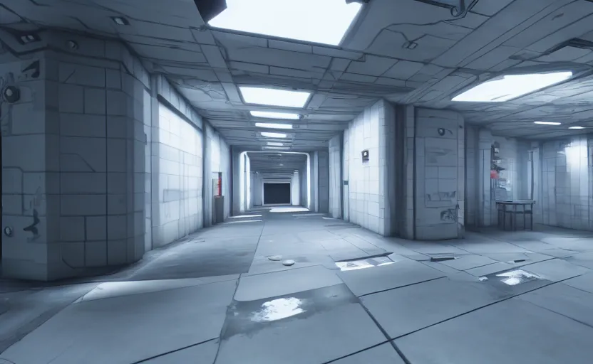 Image similar to screenshot of a first person shooter game on unreal engine 5, narrow modern hallways of a futuristic government facility with white dry wall, photorealistic, retrofuturism