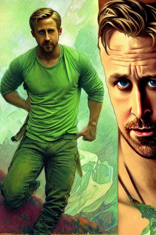 Image similar to Ryan Gosling wearing green clothes, muscular, fantasy, painting by greg rutkowski and alphonse mucha