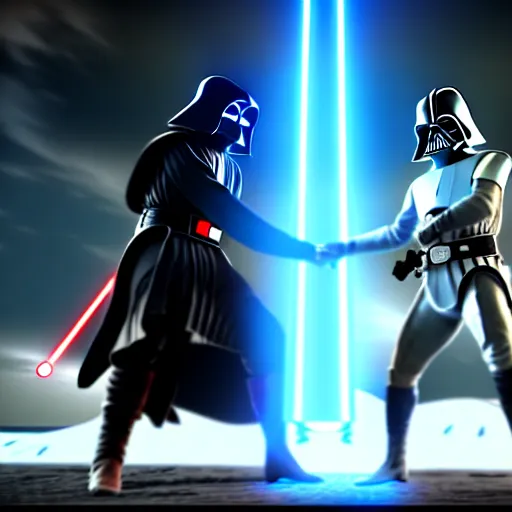 Image similar to ultra detailed picture of a fight where obi wan kenobi is against darth vador, unreal engine, extremely detailed, epic, dark, highly realistic, spiritual masterpiece, beautiful, ultra hd