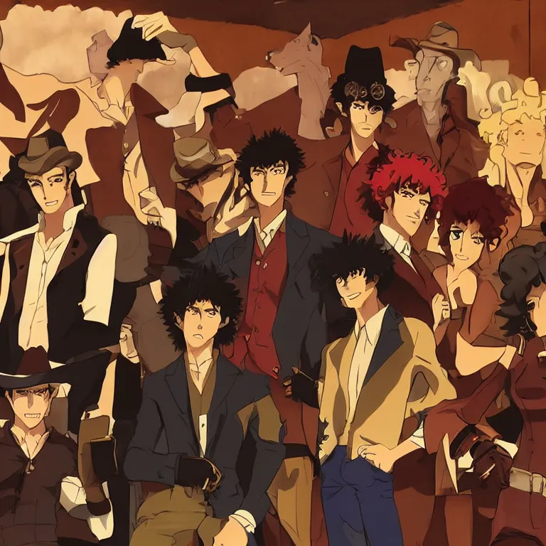 Prompt: cowboy bebop characters in a western styled bar