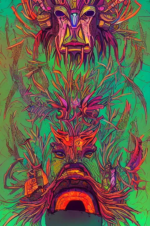 Image similar to totem animal tribal chaman vodoo mask feather gemstone plant wood rock video game illustration vivid color borderlands by josan gonzales and dan mumford radiating a glowing aura