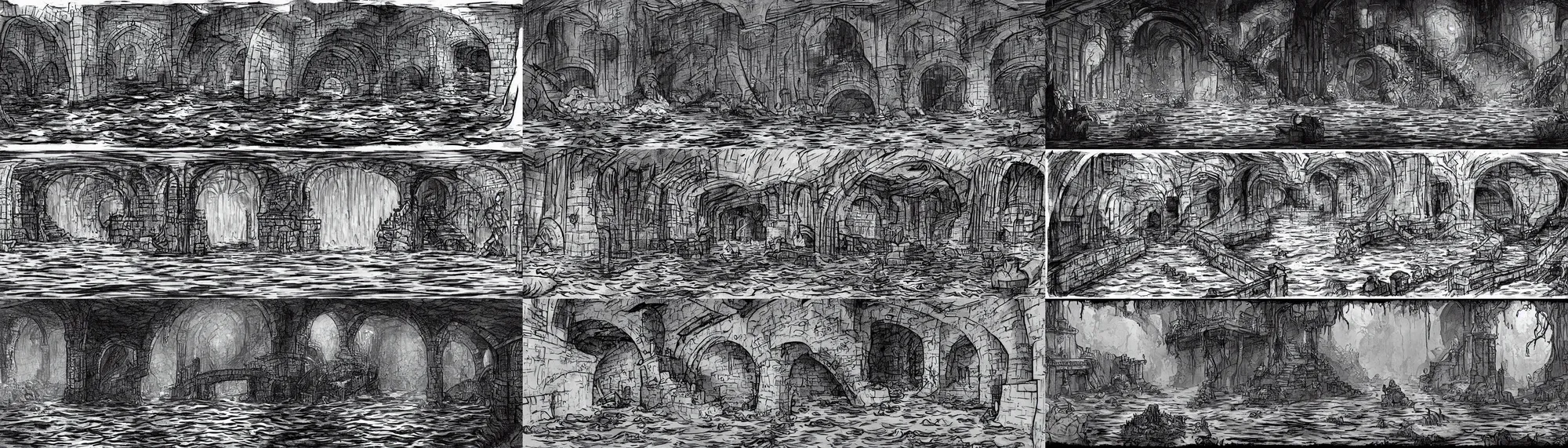 Prompt: deep water flows through waist - deep sloping flooded sewer tunnels. fantasy art, underground, stream, crumbling masonry, darkness, sewage falling from grates, abandoned spaces, torchlight. sketch, darkest dungeon.