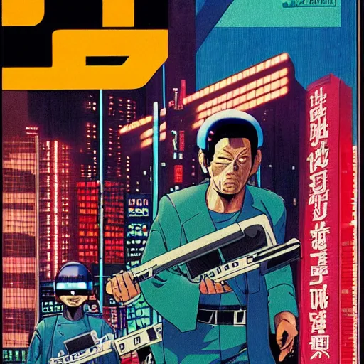 Image similar to 1979 OMNI Magazine Cover Illustration of neo-Tokyo bank robbery movie, Bank Robbery, Anime, Highly Detailed, Akira Color Palette, Cyberpunk, 8k :4 by Vincent Di Fate + Katsuhiro Otomo : 8