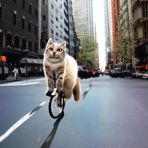 Image similar to a fuzzy cat riding a bicycle down the streets of new york city, photorealistic