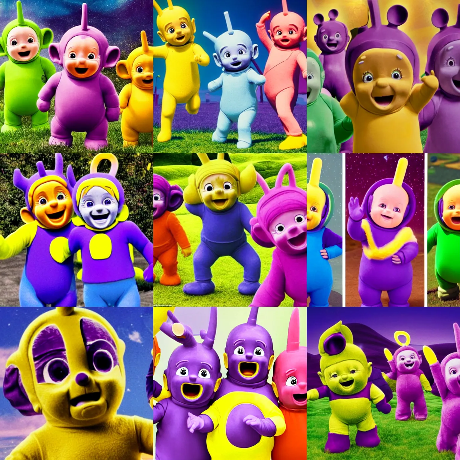 Prompt: the Teletubbies, but instead of Tinky Winky, there is Thanos