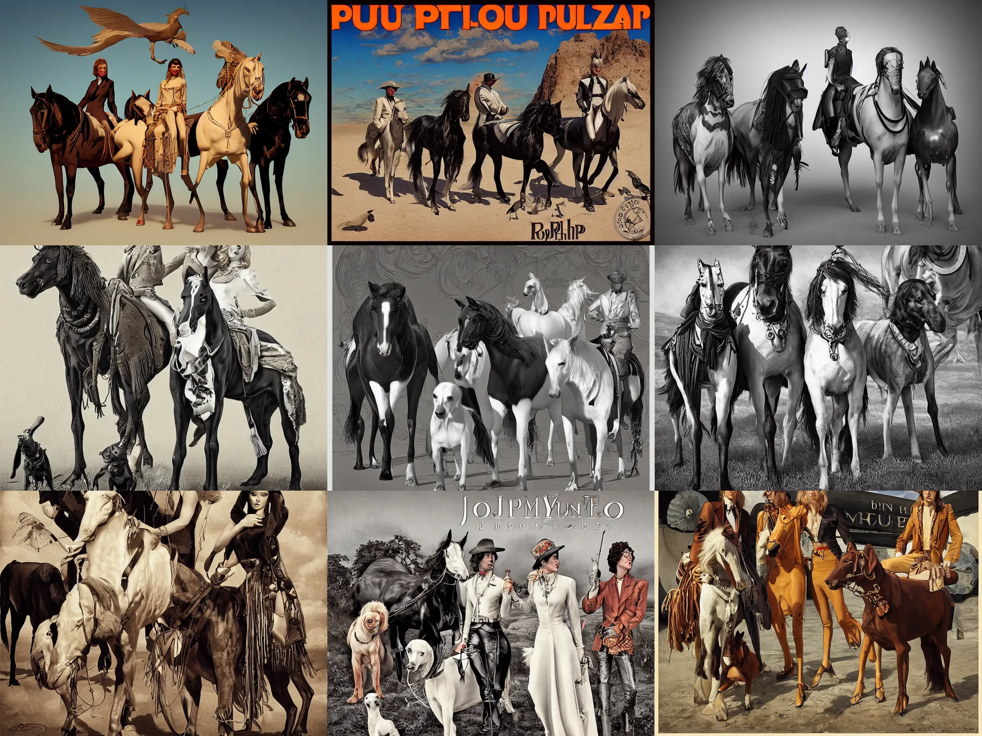 Prompt: pulp art, artwork by Joseph Leyendecker and Robert McGinnis and Alfred Henry Maurer, 3d octane blender render, Hipple and boho fashion 1970s, horses, dogs, black and white birds, progressive rock album cover