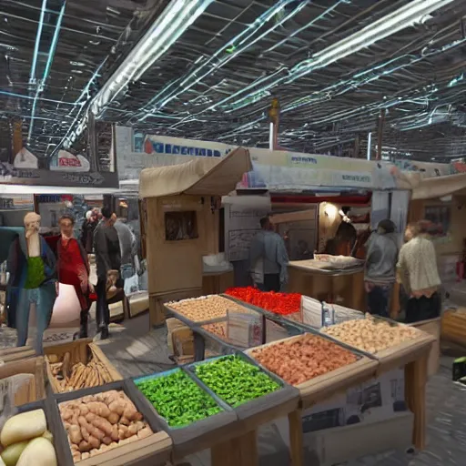 Image similar to a scene of a market stall at a trade show in the style of the film'minority report'taken from a distance, cinematic, dslr, unreal engine, hyper realistic