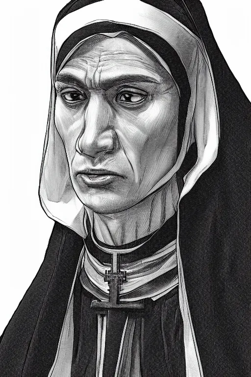 Prompt: portrait of Daniel Trejo as church nun, intricate, highly detailed, artstation, illustration by Kentaro Miura