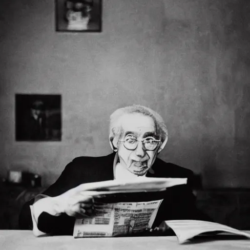 Image similar to lalo salamanca sitting at the table and reading newspapers, portrait, black and white, photograph, ultra realistic, grainy, highly detailed, Diane Arbus