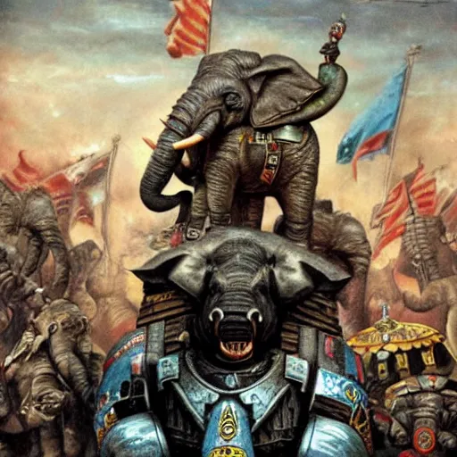 Image similar to joe biden riding an elephant, with warhammer 4 0 k