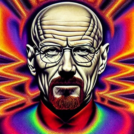 Prompt: psychedelic portrait of walter white painted by alex grey, tool album cover art