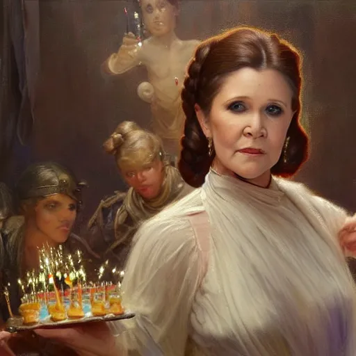 Prompt: carrie fisher attending a birthday party, highly detailed painting by gaston bussiere, craig mullins, j. c. leyendecker 8 k