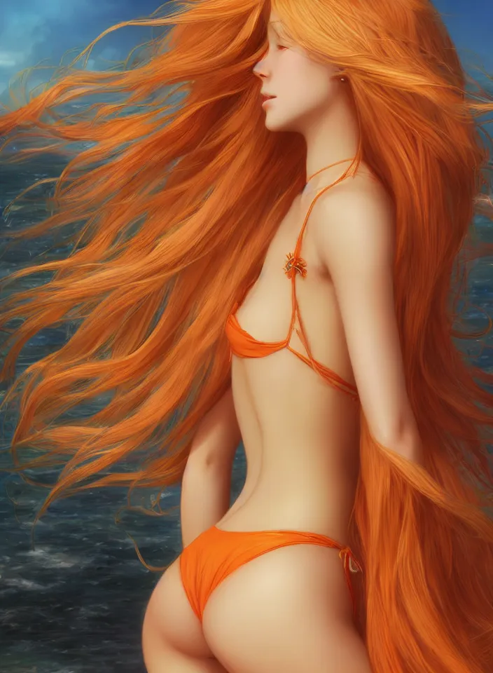 Prompt: beautiful blond woman in orange tribal bikini, long blond hair behind the ear, by makoto shinkai, by eugene de blaas and ross tran, 8 k, high resolution render, cinematic color grading, intricately detailed, in the style of romanticism,