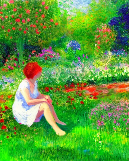 Prompt: garden at home, small fence, woman sitting on the grass, woman, clear weather, green grass, white clouds, clouds, trees around, flowers around, saturated colors, impressionism