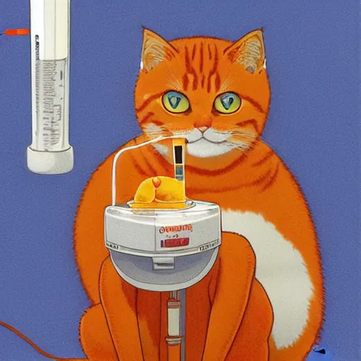 Prompt: an orange tabby cat starting at a syringe by ilya kuvshinov katsuhiro otomo