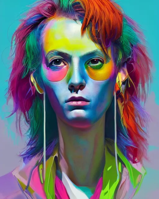 Image similar to colorful character portrait of a non - binary hippie, set in the future 2 1 5 0 | highly detailed face | very intricate | symmetrical | cinematic lighting | award - winning | painted by mandy jurgens | pan futurism, dystopian, bold colors, cyberpunk, groovy vibe, anime aesthestic | featured on artstation