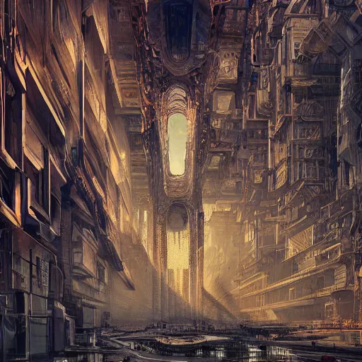 Prompt: annibale siconolfi, valerio arcesi, randie de la cruz, inward 3 d art dystopian future cityscape, intricate detailed futurism futuristic cybernetic neo - landscape, hyperrealism hyperdetailed, art nouveau architecture gothic, infinity inception style, 8 k