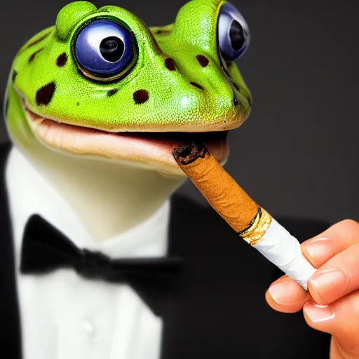 Image similar to a high detail closeup photograph of a 🐸 wearing a suit 👔,and smoking a cigarrette🚬, award wining photograph