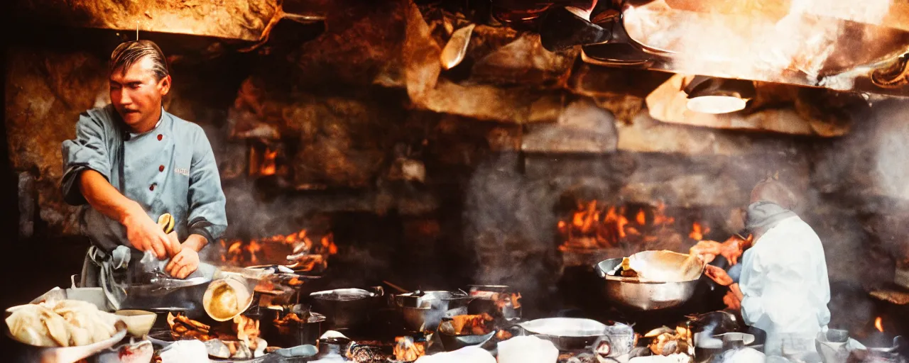 Prompt: the best chef in the world making a meal on top of mount everest, canon 5 0 mm, cinematic lighting, photography, retro, film, kodachrome