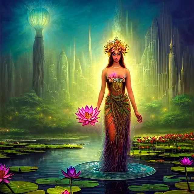 Image similar to Beautiful 3d render of the flower queen goddess near a pond full of lotus, atmospheric lighting, painted, intricate, volumetric lighting, beautiful, sharp focus, ultra detailed, in the art style of Dan Mumford and marc simonetti, with a clear crowded futuristic cyberpunk dubai city in the background, astrophotography