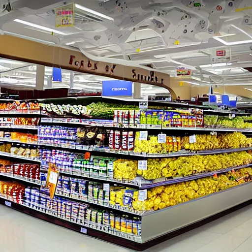 Prompt: A interior view of a grocery store in the future, nanotech is ubiquitous