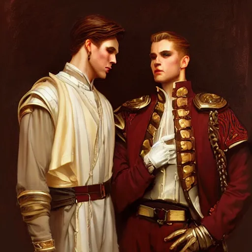 Image similar to attractive fully clothed king confesses his love for his attractive fully clothed male prince. highly detailed painting by j. c. leyendecker, craig mullins, tom bagshaw,