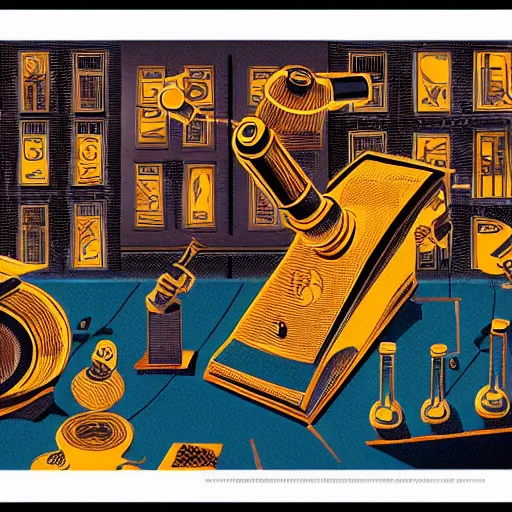 Image similar to editorial illustration microscope, fine texture, dynamic composition, detailed, matte print, dynamic perspective, colorful modern