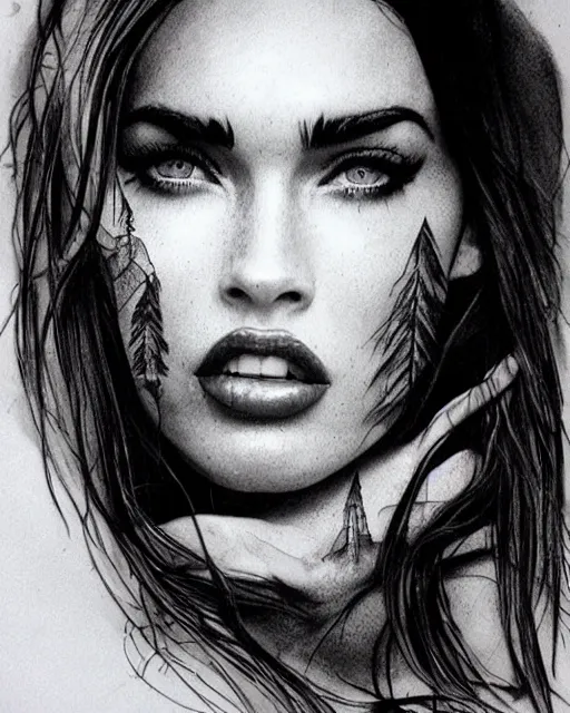 Image similar to megan fox face mash up with beautiful mountain scenery, in the style of dan mountford, tattoo sketch, double exposure, hyper realistic, amazing detail, black and white