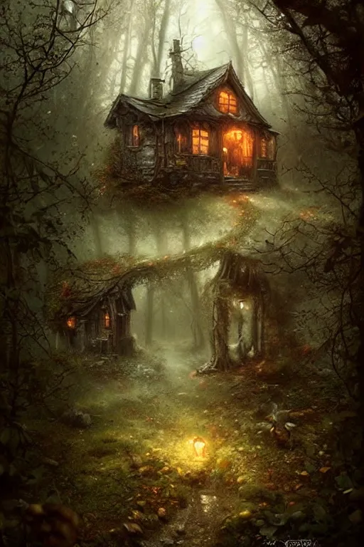 Image similar to a ramshackle cabin in the woods, magical forest, fairytale style, Fairycore, cottagecore, fantasy, by Bastien Lecouffe Deharme