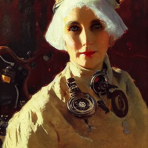 Image similar to Portrait of a steampunk Ariana Granda, elegant, mechanical, broad detail, shadows, vintage shading, by Ilya Repin