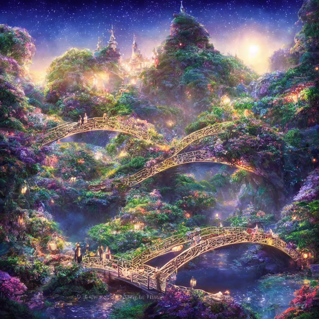 Image similar to fairyland bridge, outside of time and space, dreamy, romantic, night lighting, gorgeous lighting, dramatic cinematic lighting, intricate, highly detailed, in the style of studio ghibli, 8 k