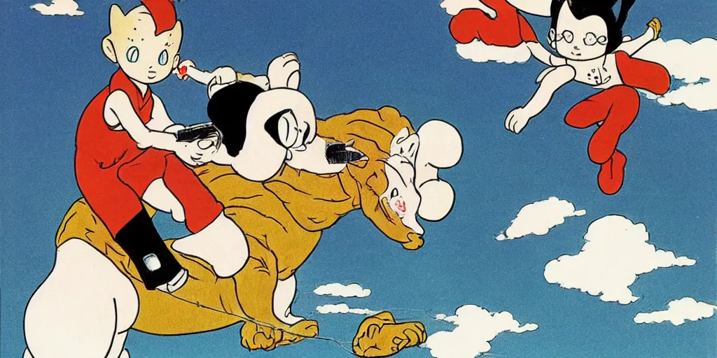 Image similar to astroboy riding a big maine coon cat, [ osamu tezuka ]