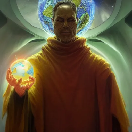 Image similar to the creator of worlds wearing a cloak and holding a holographic planet projection in his hand, detailed, sci - fi, digital painting, artstation, sharp focus, illustration, ominous, artgerm, tomasz alen kopera, peter mohrbacher, donato giancola, joseph christian leyendecker, wlop, frank frazetta