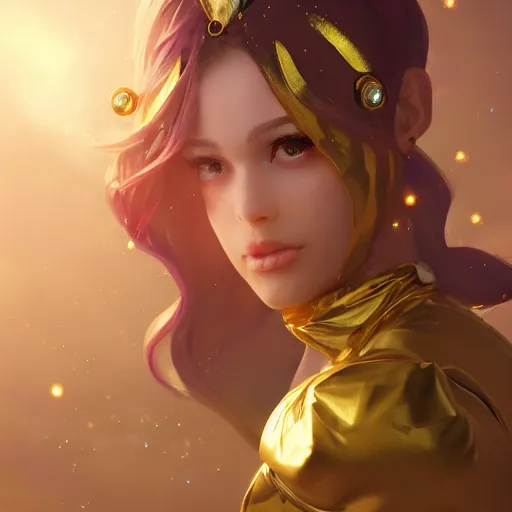 Image similar to a magical girl with gold magical suit, digital art, 8 k resolution, unreal engine, highly detailed, pretty face, very beautiful face, mystical atmosphere, trending on artstation, greg rutkowski