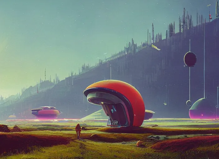 Prompt: a spaceship in a stunning landscape by simon stalenhag