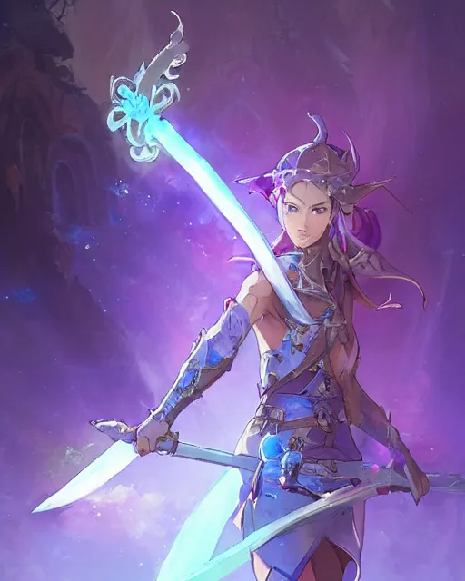 Image similar to a female warrior holding one single blue glowing sword walking in a cake full of purple glowing crystals. Atmospheric lighting, adventurous, elven. By Makoto Shinkai, Stanley Artgerm Lau, WLOP, Rossdraws, James Jean, Andrei Riabovitchev, Marc Simonetti, krenz cushart, Sakimichan, trending on ArtStation, digital art.