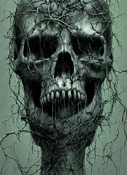 Image similar to cyberpunk skull, ivy, death, intricate detail by zdislaw beksinski