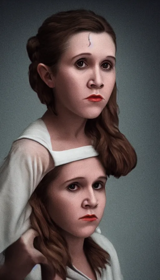 Image similar to a portrait of young carrie fisher, in the style of gottfried helnwein, dirk dzimirsky, gustave courbet, dramatic studio lighting, 3 5 mm f 1. 4 lens depth of field, octane render 8 k