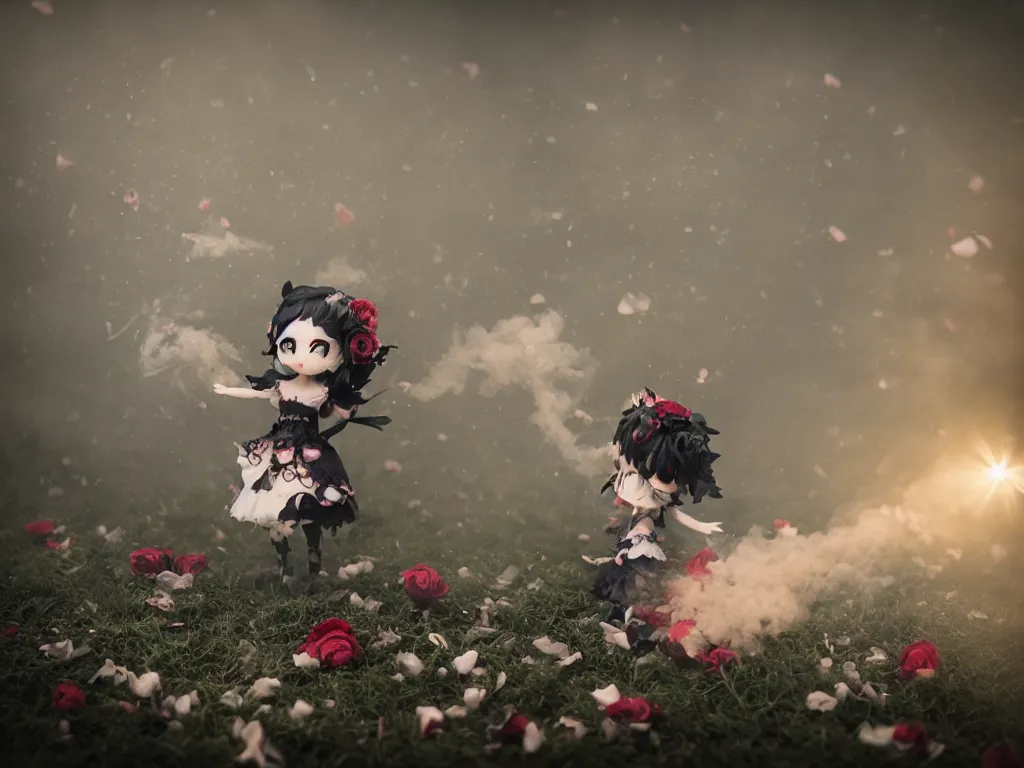 Prompt: cute fumo plush of a gothic maiden girl tossing lots of decayed roses into the air, stale twilight, dust particles in sunbeams, swirling vortices of emissive smoke and volumetric fog over the river, bokeh, 5 0 mm, vignette, vray