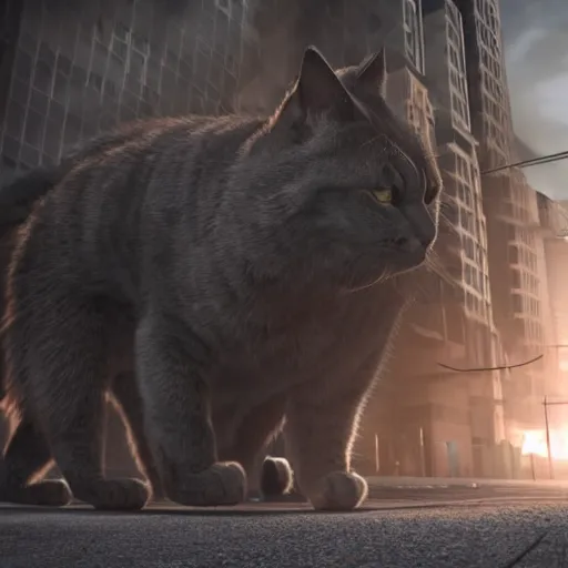 Image similar to apocalyptic, a closeup of an big angry cat walking on the future street. smoke. volumetric lighting, sharp focus, ultra detailed, cgsociety - w 1 0 2 4 - n 8 - i